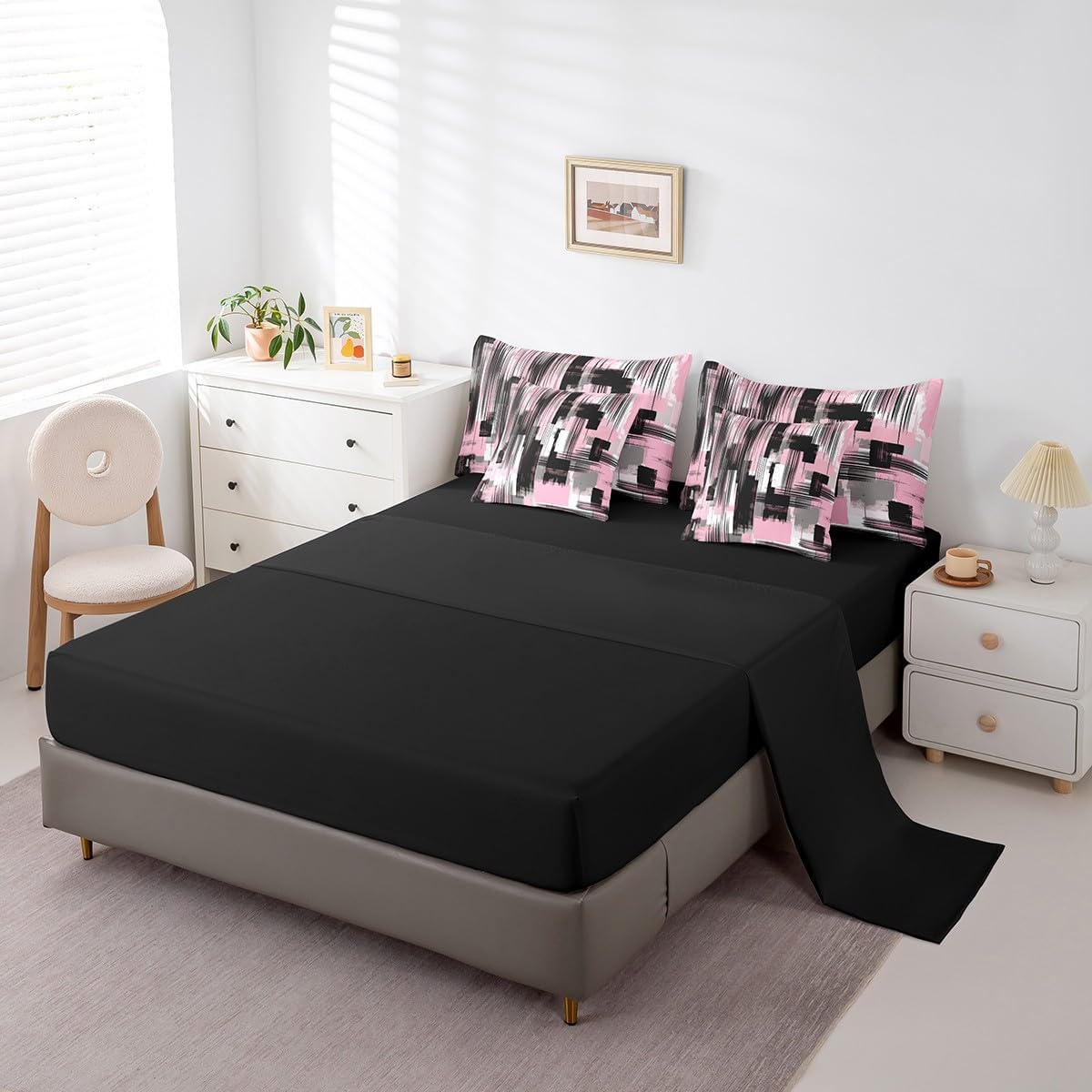 Feelyou Pink Grey Black Bedding Set Full Size 7 Pieces, Abstract Stripes Comforter Set Decor Stripe Line Comforter Microfiber Modern Art Flat Sheet, Fitted Sheet, Pillowcases, Pillow Covers Bedroom