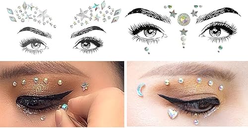 Miniatura 3 de 4 hojas de diamantes de imitación para rostro, gemas, joyas, diamantes de imitación, autoadhesivas, perlas acrílicas, corazones, estrellas, cristal,