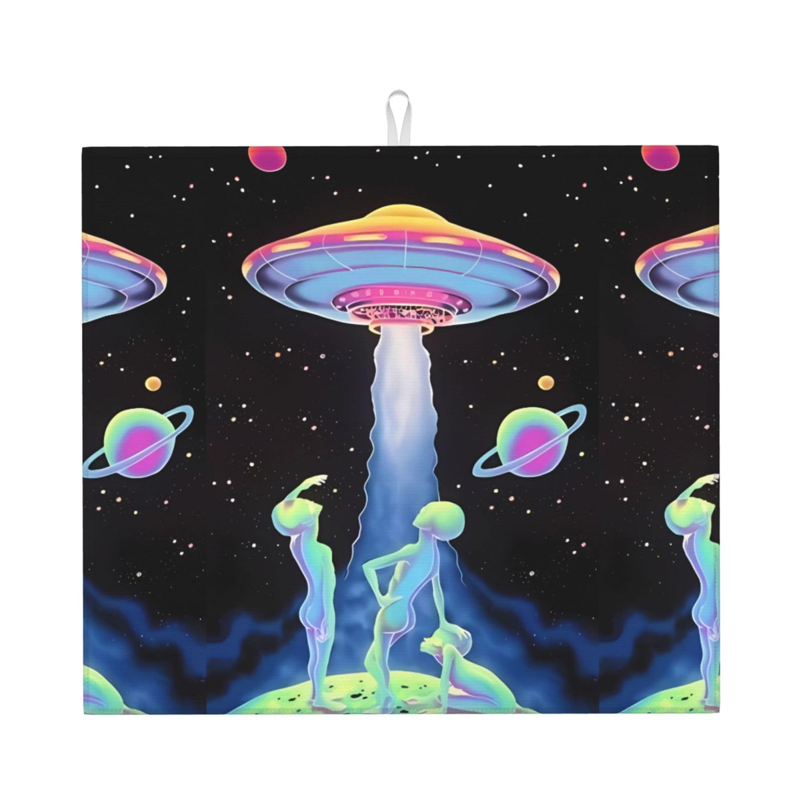 WHJDPP spaceship Prints Kitchen Drying Mat - Absorbent Dish Drying Throw with Colorful Prints, Quick-Dry Countertop Layer for Dishes & Appliances - Non-Slip & Foldable