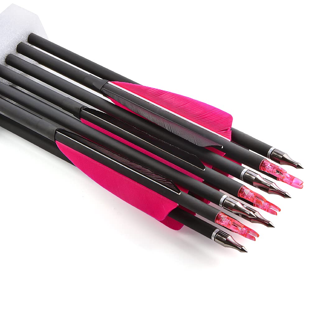 AMEYXGS 12 Stück Bogenschießen Carbonpfeile 30 Zoll Bogenpfeile Jagdpfeile Spine 500 Zielpfeile mit 4" Truthahnfedern Austauschbare Pfeilspitzen für Recurvebogen Compoundbogen (Rosa)