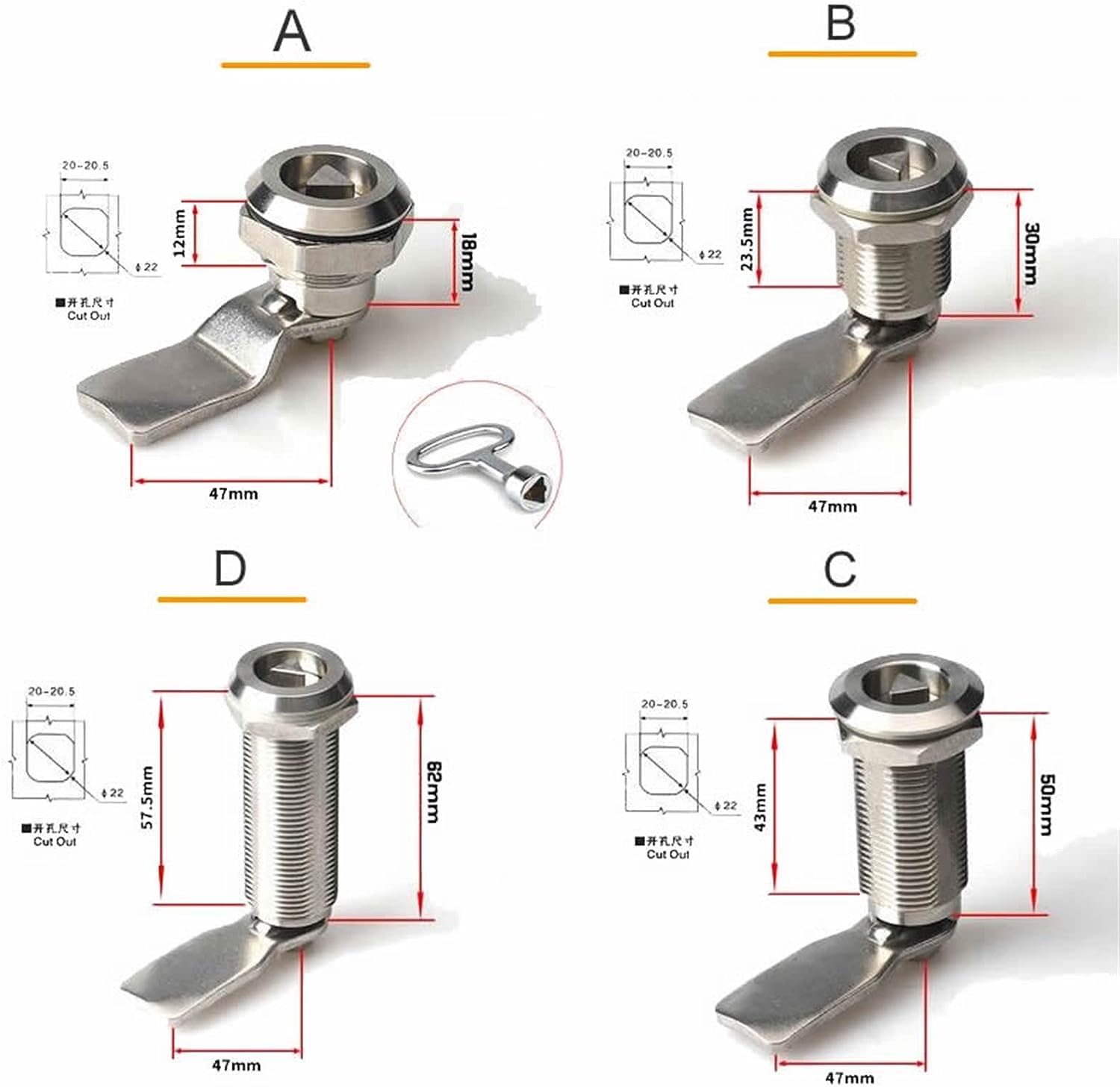 Schrankschlösser, Schubladenschlösser, Nockenschloss, 304 Edelstahl Dreieck Cam Lock MS705 Schrank Schloss Erhöhte for Verteilung Box Zinn Stamm Spezielle Schlösser 1Set(Size C)
