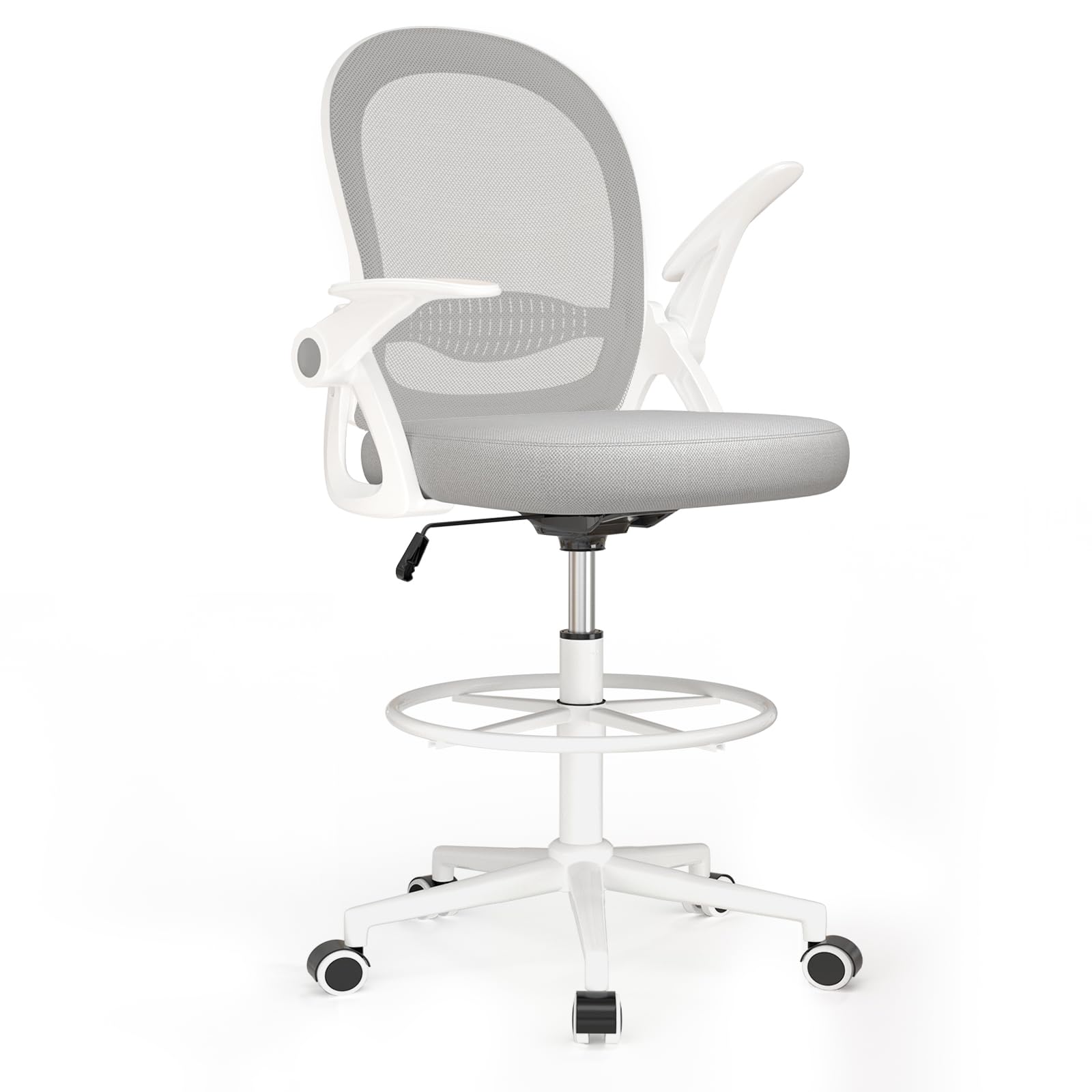 Naspaluro Bürostuhl mit Fußstützenring, Ergonomischer Schreibtischstuhl mit Atmungsaktiv Netzbespannung, Hochklappbare Armlehnen, Höhenverstellbarer, Computerstuhl, Leichter Stuhl, 360° Drehstuhl Grau