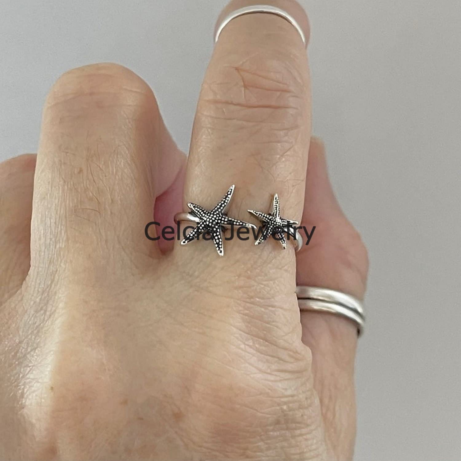 Anillo de estrella de mar de plata de ley pura, anillo de concha marina, anillo ajustable, anillo de océano, anillo de playa, anillo de onda, anillo minimalista, anillo del día de la madre
