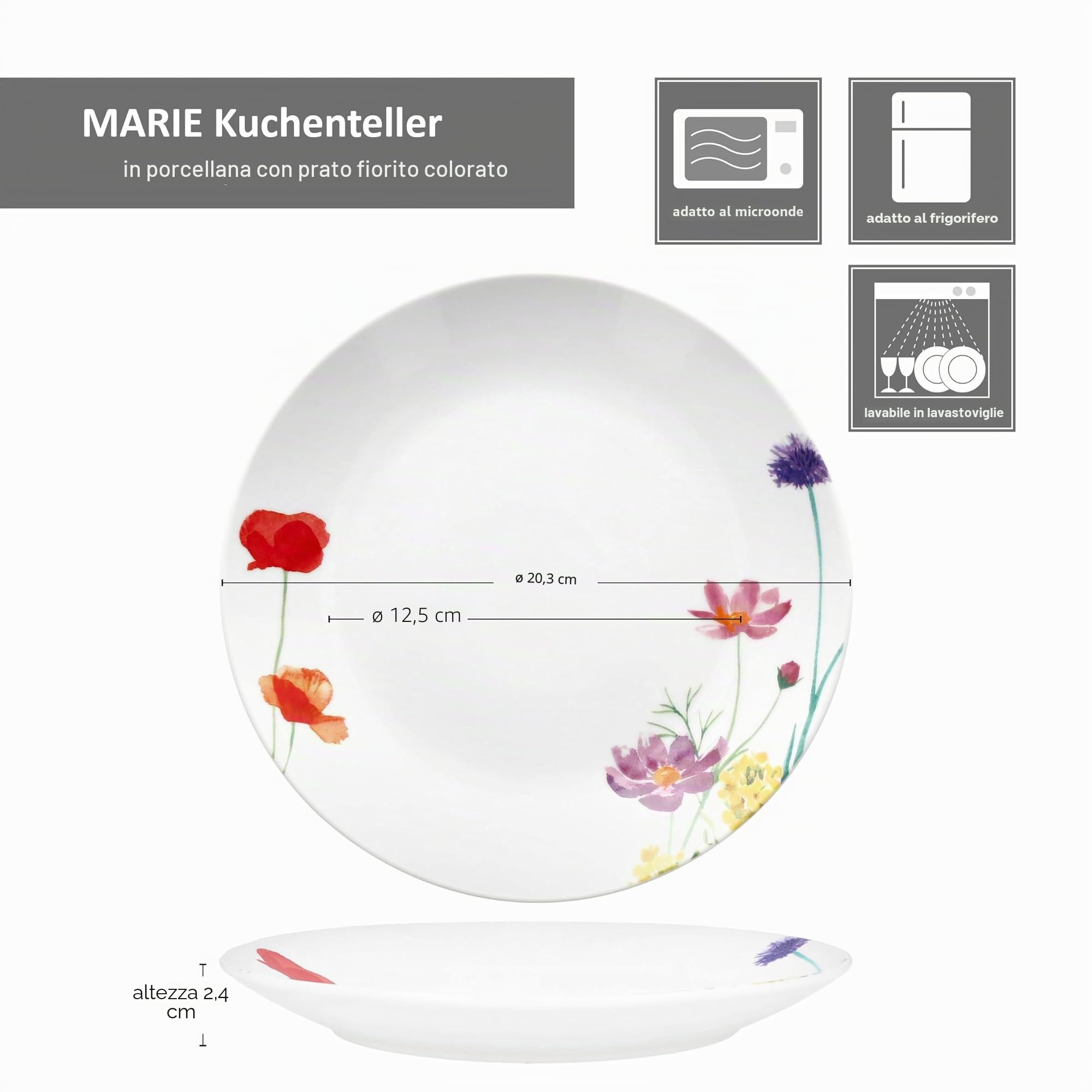 MamboCat Marie Set di 6 piatti da torta, in porcellana con decorazione di prato floreale, per 6 persone, piccoli piatti per insalata, dessert, finger food & Co.