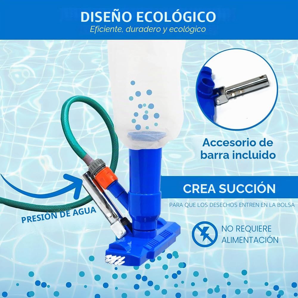 Limpiador Piscina Fondo,Aspirador Piscina,Kit Mantenimiento Piscina,Lncluye 6 Varillas Reforzadas-Conexión de hasta 2,1 M de Longitud-para Piscinas, Fuente, Hidromasaje