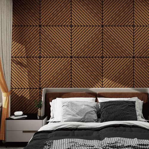 NEU.HOLZ Lot de 8 Panneaux Acoustiques Muraux et pour Plafond à Lamelles en Diagonale Isolation Sonore Style Scandinave Installation Facile Chambre Salon Studio MDF 2,88 m² 60 x 60 cm Teck