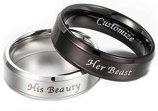 Custom Promise Rings for Couples Her Beast His Beauty Personalized Matching Rings Set Engraved Wedding Bands for Him and Her Customize Text A PAIR Stainless Steel 8mm 6mm Width