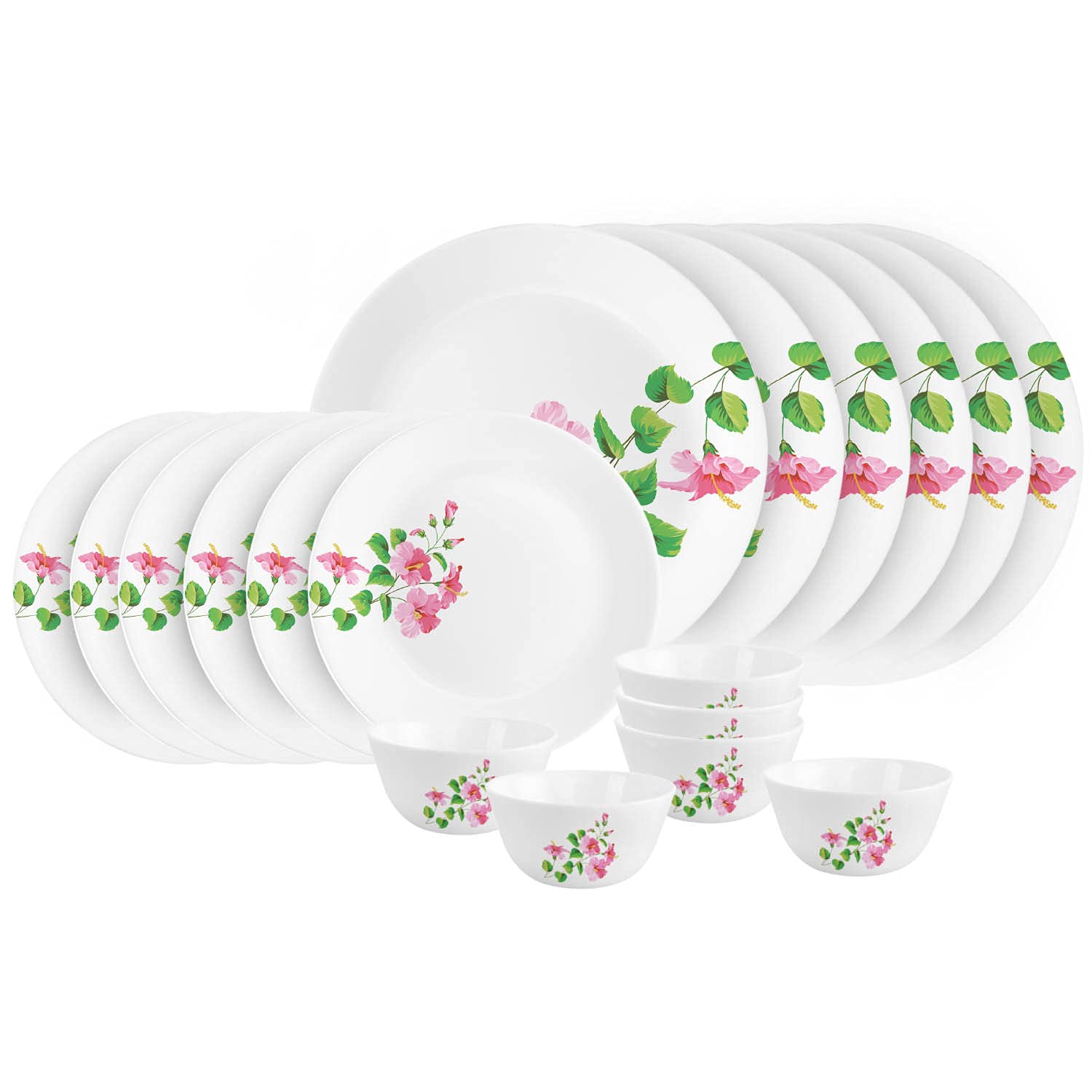 Cello Pink Hibiscus Zarah Series Opalware Dinner Set, 18 Pieces, Service for 6, White