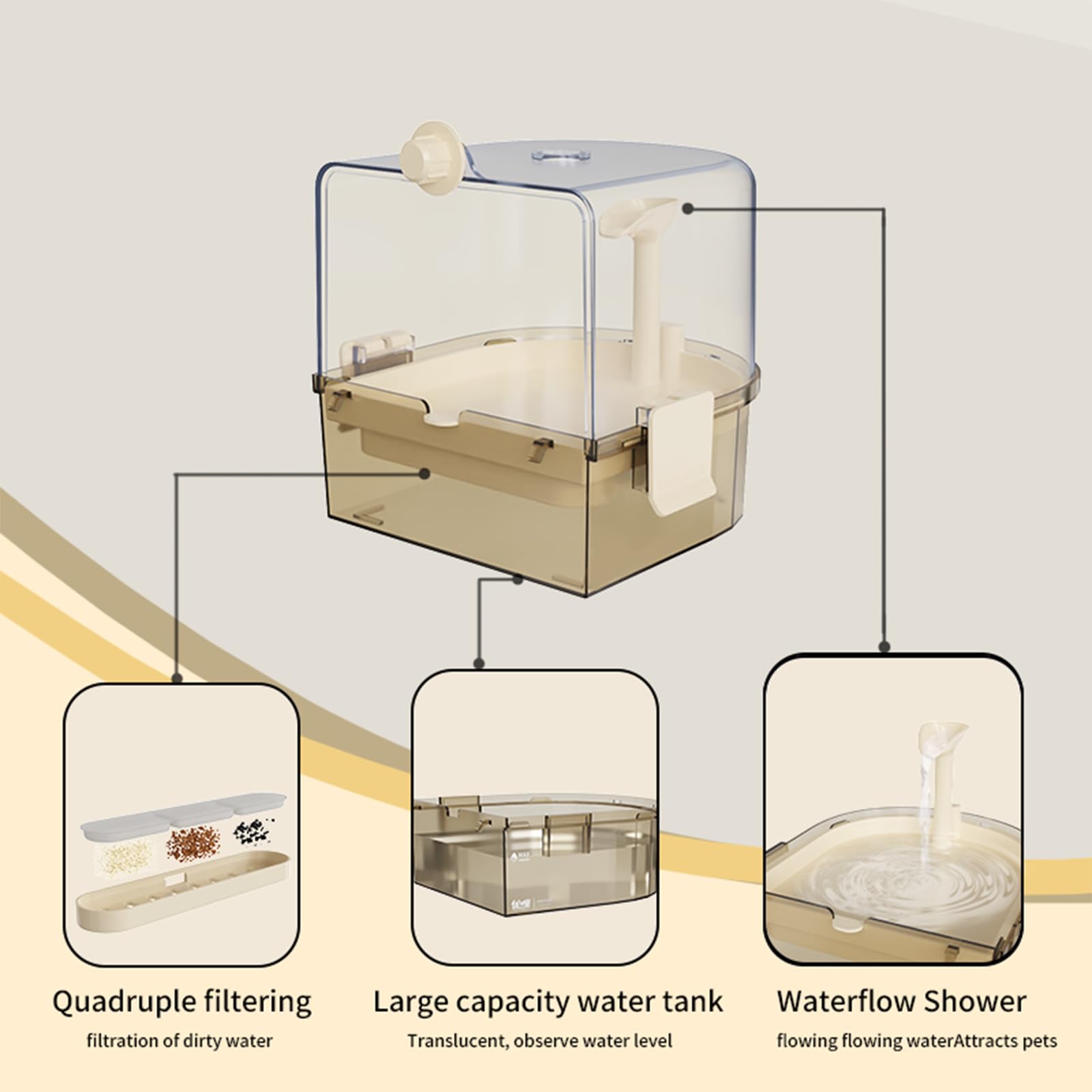 Automatic Bird Baths for Cage – Indoor Parakeet Bath with Pump, Bird Shower with 2 Modes Running Water, Bird Cage Accessory for Pet Birds Conure Budgies Cockatiels Lovebird (Light Brown)