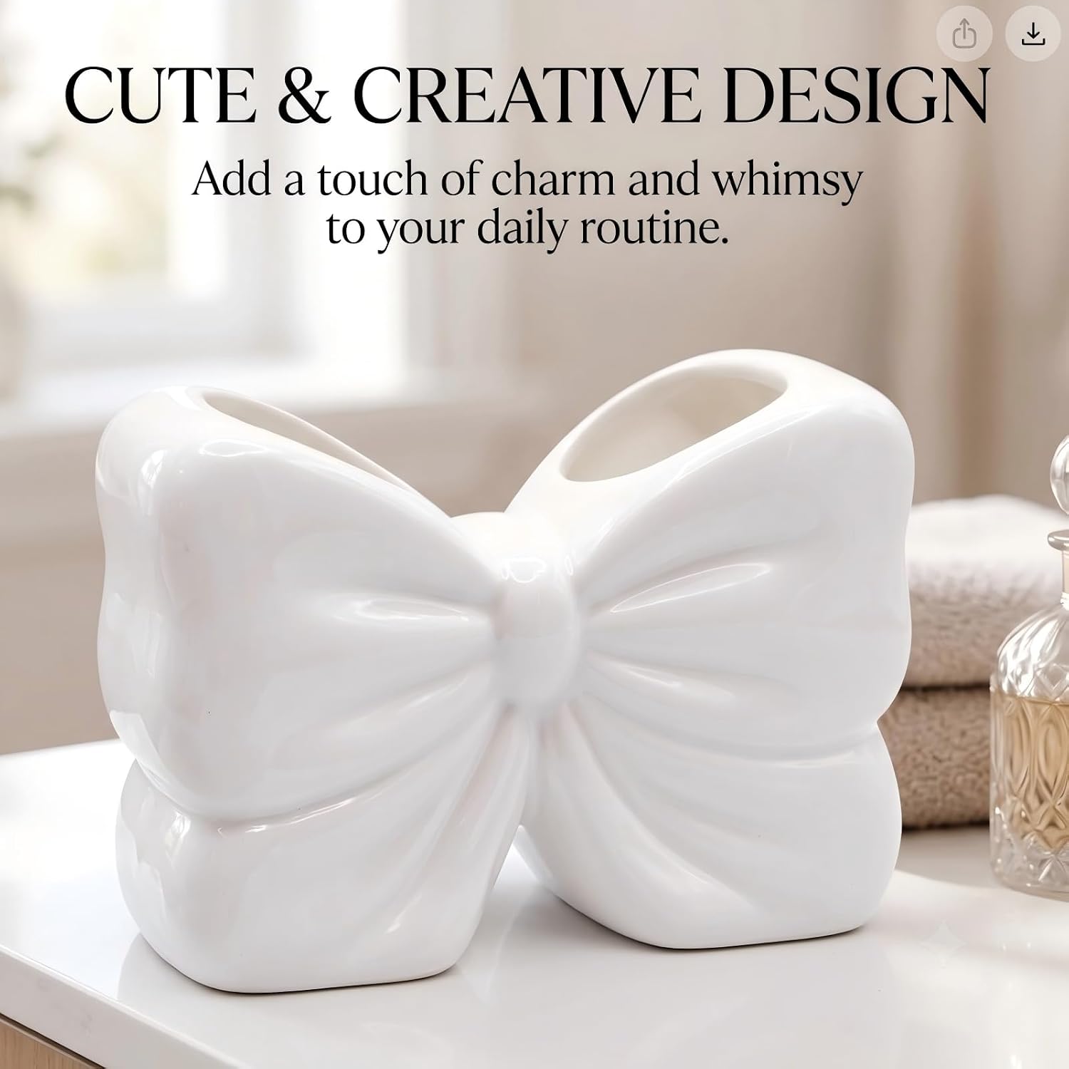 4 Inch Bow Toothbrush Holder - Cute Bathroom Accessories, Vintage Decorative Organizer - White image 4
