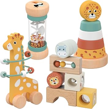 Nene Toys Centre d'Éveil 4-en-1 en Bois Naturel avec Bâton de Pluie