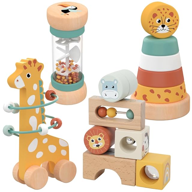 Nene Toys Juguetes Niños 1 Año - Juguete Montessori de Madera 4 en 1 con Bloques Sensoriales, Lluvia Musical,…