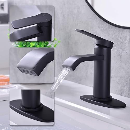 Miniatura 2 de Grifo de baño negro mate de un solo orificio con placa de cubierta, grifo de baño en cascada de una sola manija, moderno grifo de lavabo de baño con