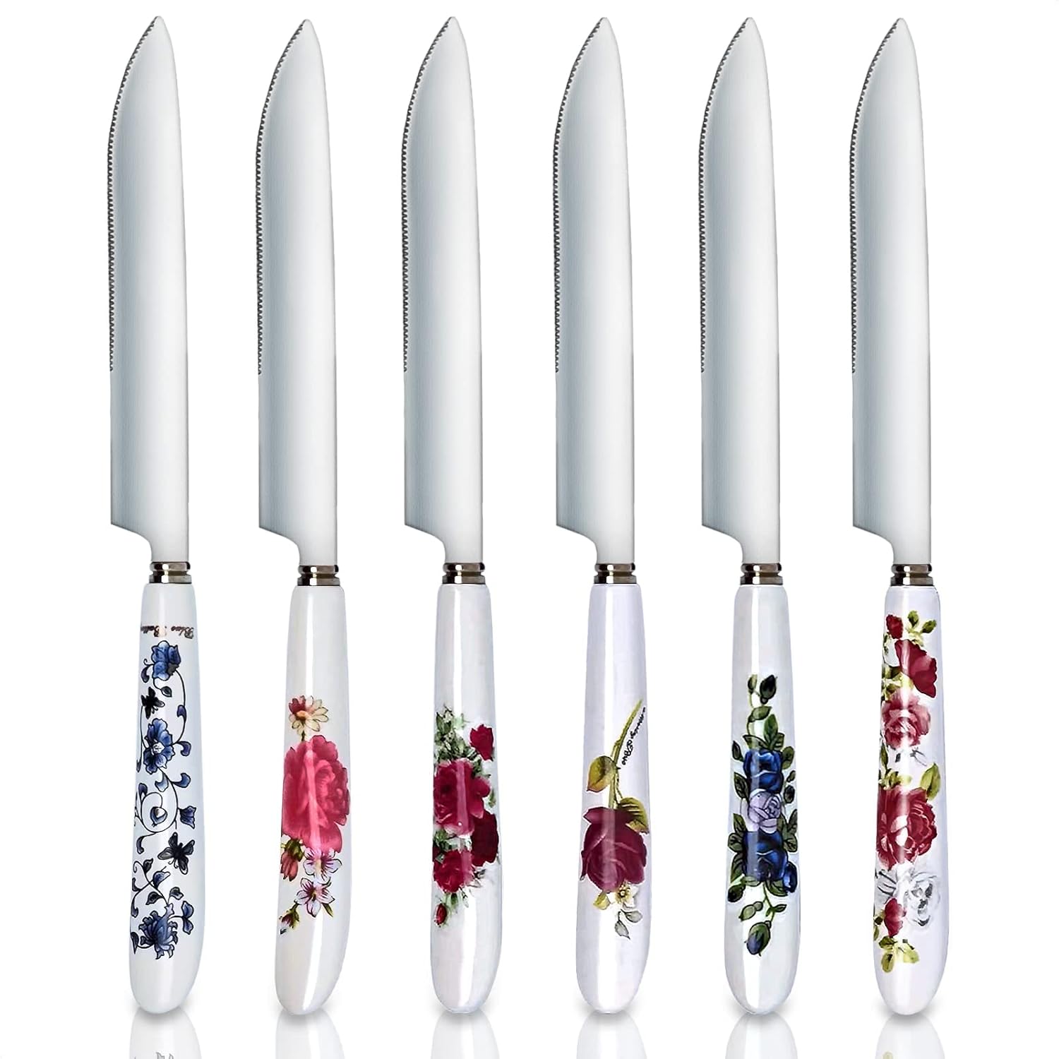 6Pcs Floral Dinner Knives Ceramic Set Stainless Steel Dinner Set Butter Knives