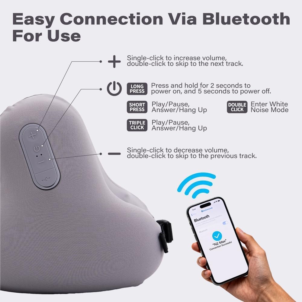 Neck Travel Pillows for Airplanes with Bluetooth, Premium Memory Foam Neck Pillow, Noise Reducing Travel Pillow for Long Flight, Office, Cars, Home, Sleeping and Rest, Gray
