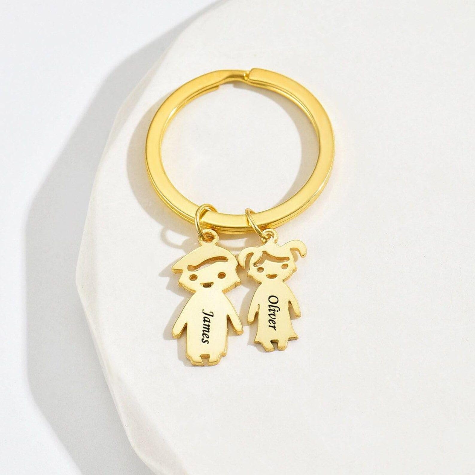 Llavero personalizado con charms de niño o niña y nombres grabados, regalo familiar para hombre