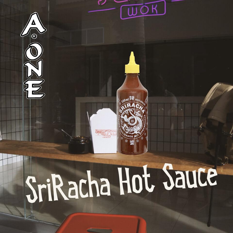 A-One Salsa original Sriracha con hierba de limón, 12 x 500 ml, salsa caliente con chiles y hierba de limón, paquete de 12 unidades, perfecto para gastro