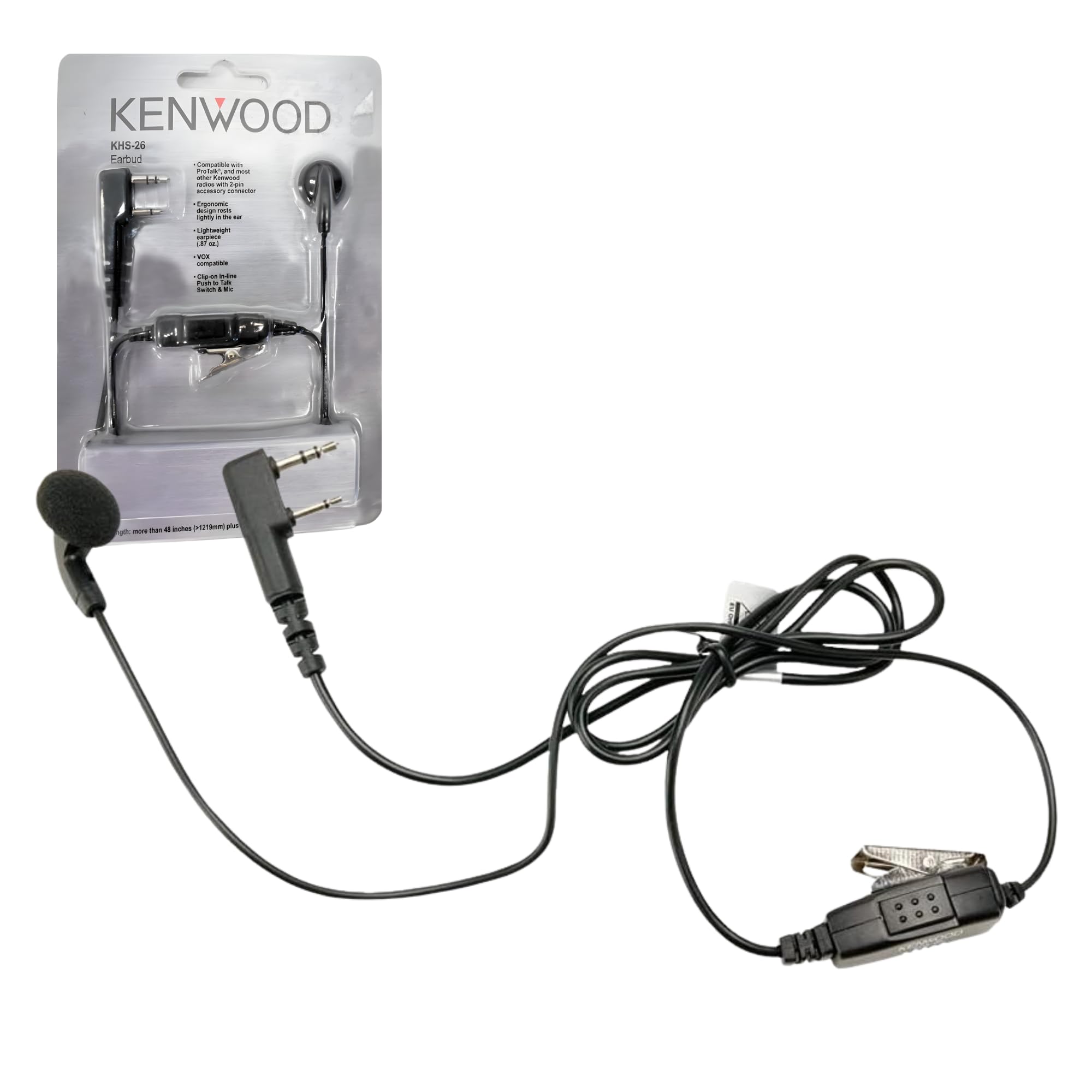 KenwoodKHS-26 Earbud Headset & Clip Mic – OEM Two-Pin Push-To-Talk Microphone Compatible with Kenwood TK & NX ProTalk Business Two-Way Radios
