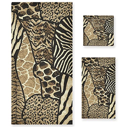 Naanle Towel 3 Piece Set Vintage Animal Print Leopard Bath Towels Set For Bathroom Highly Absorbent Cotton, Large Bath Towel+Hand Towel+Washcloth, Pack Of 3 Softness Towels For Decoration #TOP21