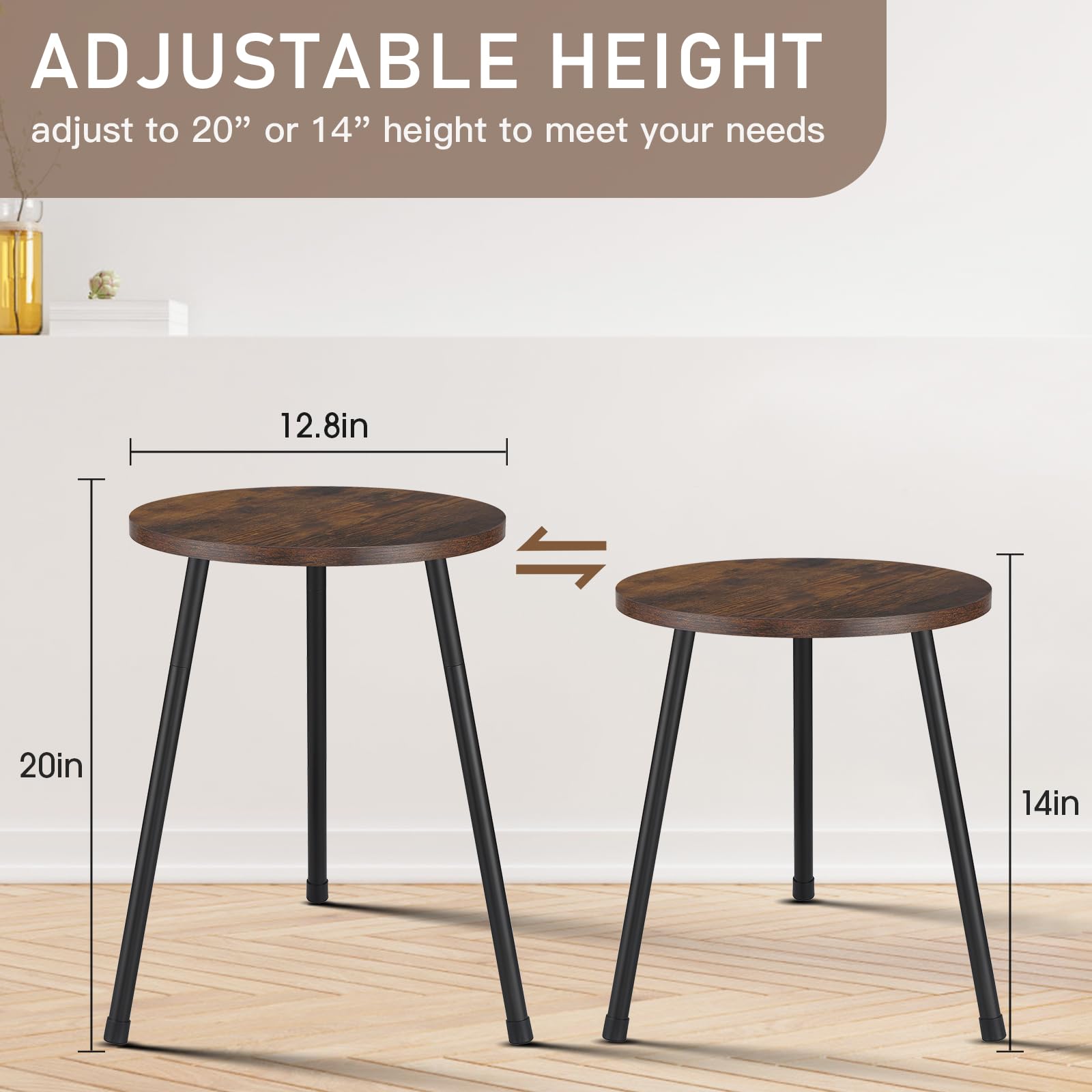 kinnary Round Side Table Set of 2, Small Accent End Table for Living Room, Bedroom, Small Spaces, Height Adjustable Metal Legs, Nightstand Coffee Bedside Table for Office, Rustic Brown