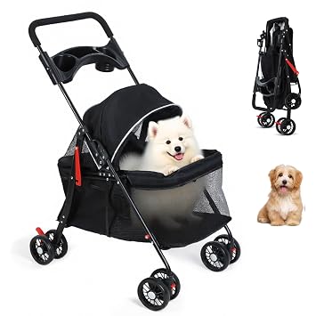 Pet Stroller 4-Wheels Dog Pram for Small Medium Dogs Cats Under 10 KG,Foldable Dog Pushchair,Cat Travel Stroller Carrier Jogger with Cup Holder and Storage Basket Net Black