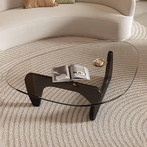 MMleYN Mesa Lateral Triangular Mesa De Café De Vidrio Templado con Base De Roble Sólido Y Uniones De Mortaja Y Tenón Mesa Auxiliar Minimalista para Salones(Clear-Black,91cm)