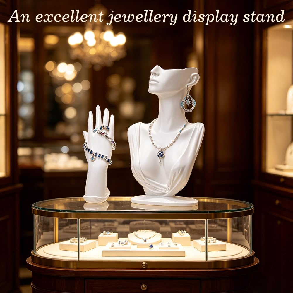 nbeads 1 ensemble Buste de Mannequin pour Collier, Présentoir à Boucles D'Oreilles Présentoir à Bijoux en Résine Blanche Comprenant un Buste de Femme un Support pour Bagues Bracelets et Pendentifs