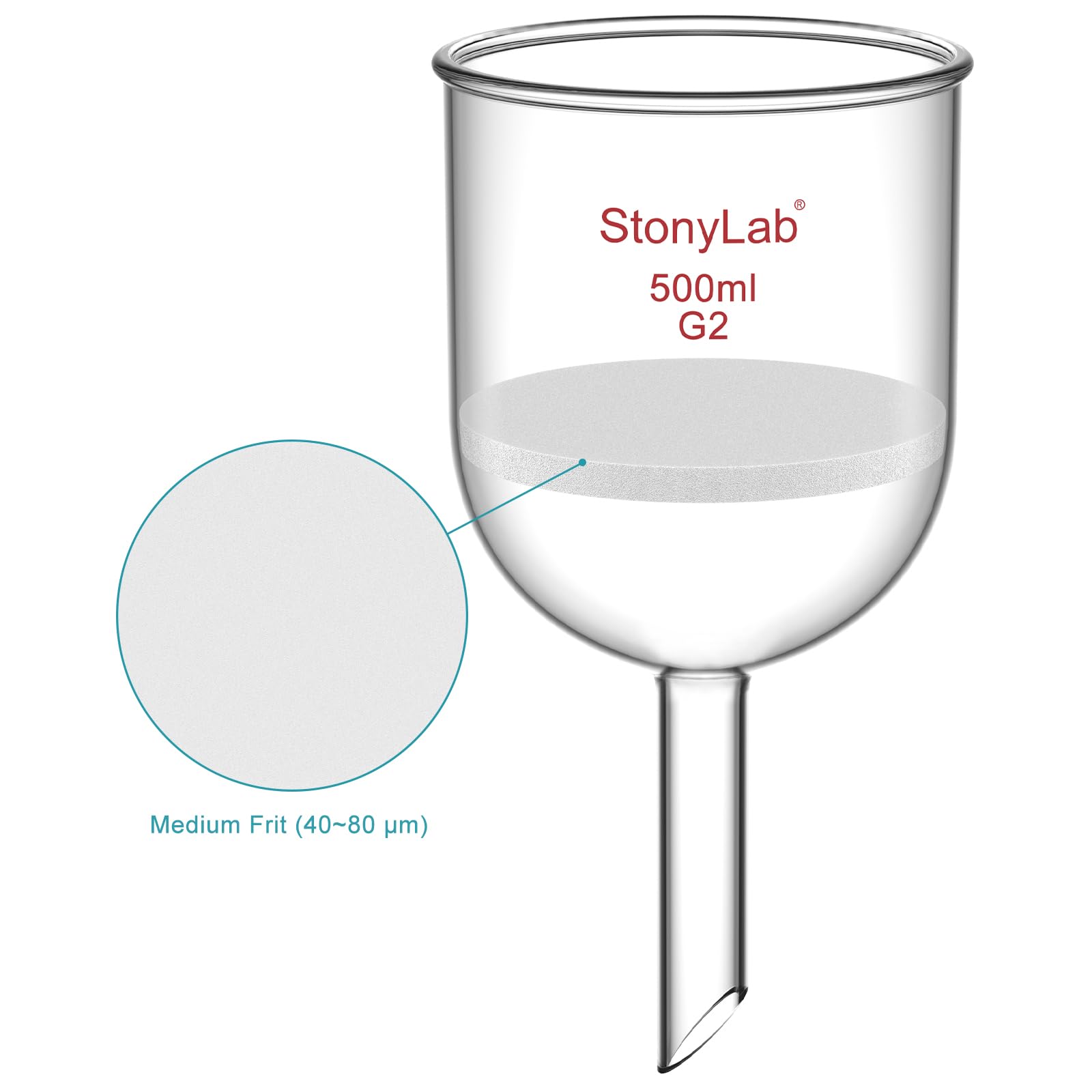 StonyLab Borosilicate Glass Embudo de filtración Buchner con Frit medio, Diámetro del disco de 30 mm, Profundidad de 90 mm, con junta interna cónica estándar 24/40-500ml