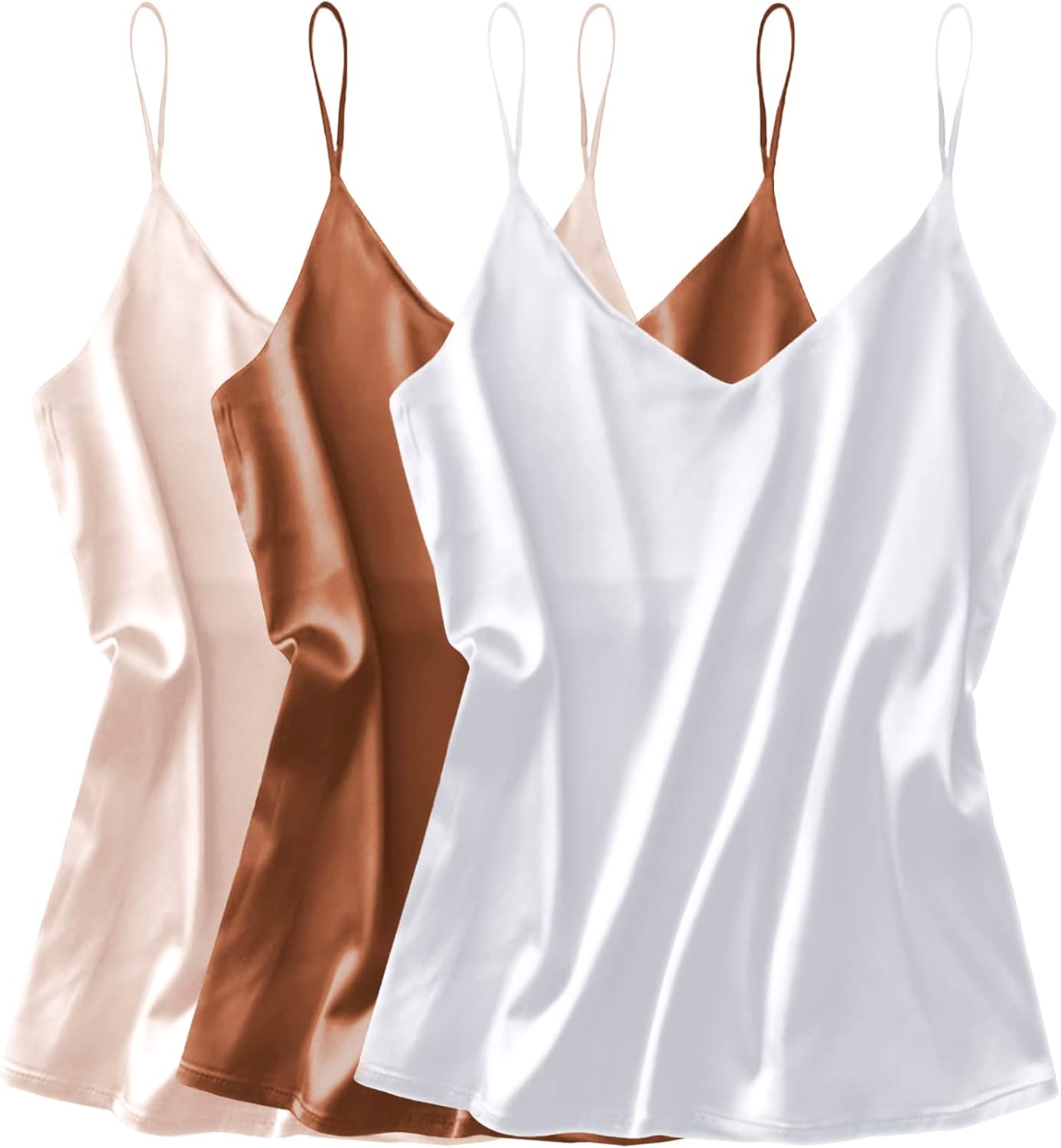Ekouaer 3 Pack: Womens Silk Satin Tank Top V Neck Camisole Cami Spaghetti Strap Top Loose Sleeveless Blouses Tank Shirt