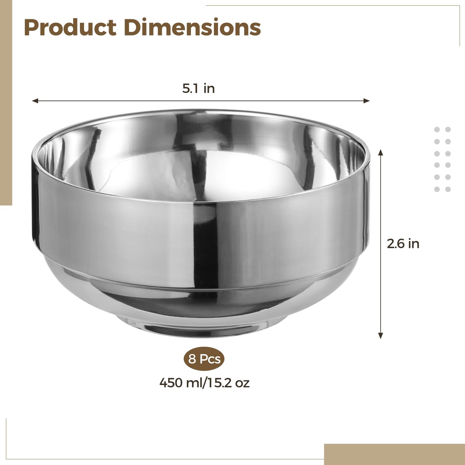 8 Stk. Edelstahl-Schalen, doppelwandig isolierte Metallschalen, robuste Schalen für Suppe und Müsli, stapelbar zum Servieren von Speisen, vielseitig für Nudeln, Dessert, Salat und Vorspeisen