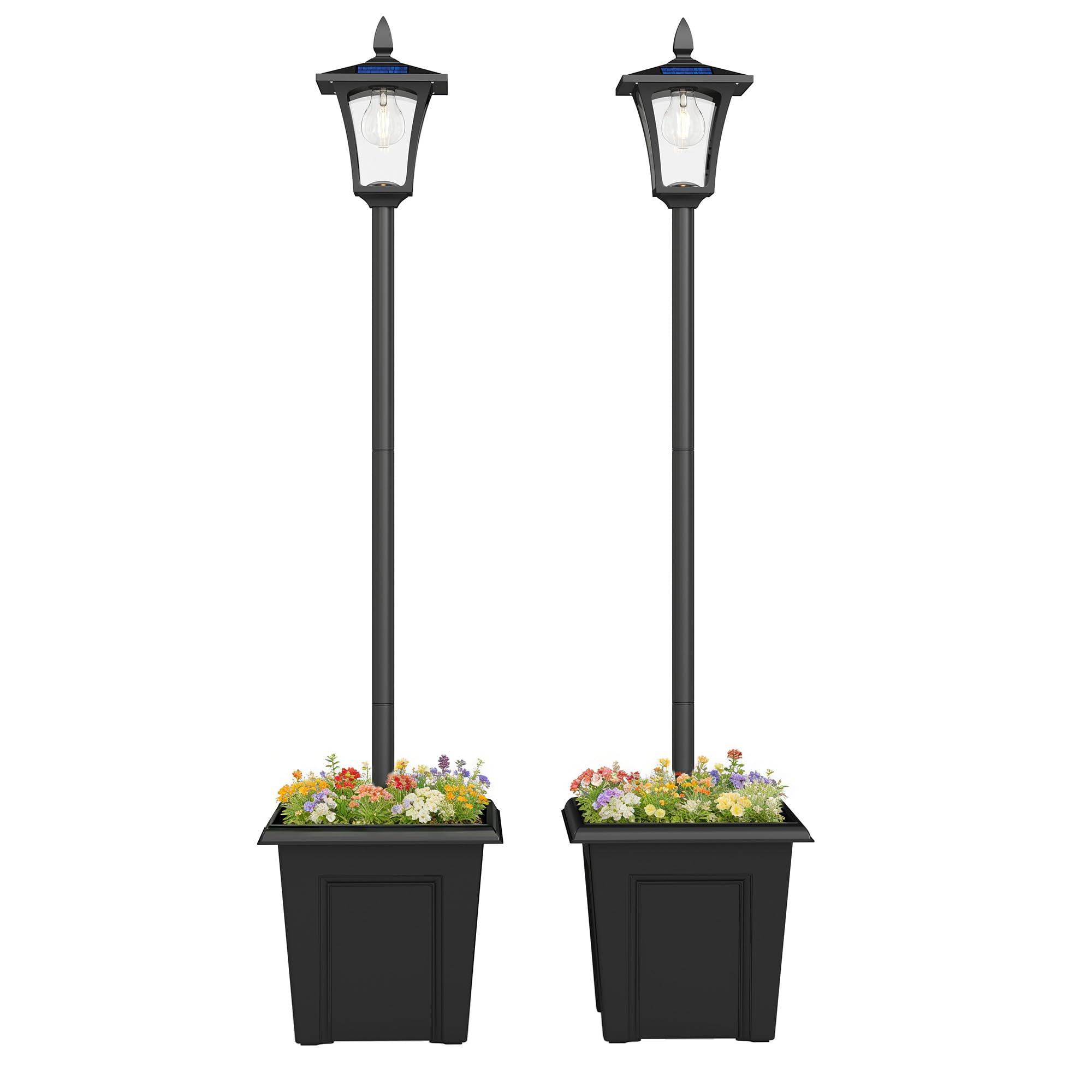 Outsunny 63" Solar Lamp Post Lights 2 Pack, Waterproof LED Solar Light Posts with Planter, Outdoor Lamps for Patio, Backyard, Pathway, Garden, Lawn, Black