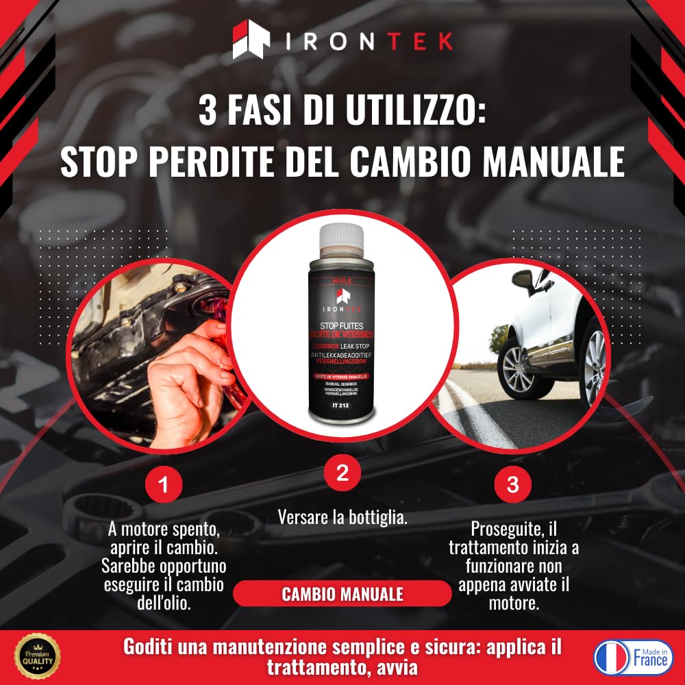 Stop Perdite Cambio 50ml - IRONTEK | IT212 | Trasmissione Manuale | Guarnizioni Anti-perdite | Rivitalizza Le guarnizioni | Protegge dall'usura | Formula PRO