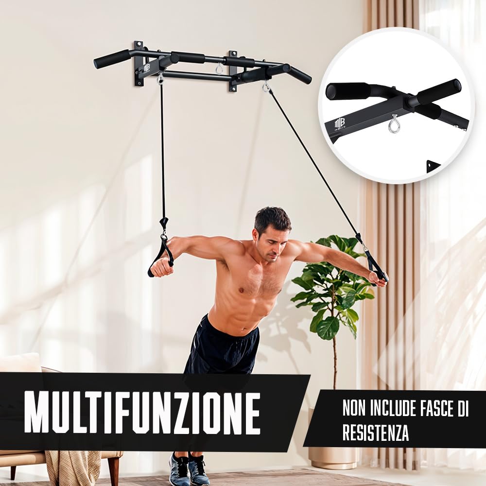 ManiBoom Sbarra Trazioni a Muro Fissa (150kg) - Barra Trazioni da Parete con 3 Anelli TRX per Calisthenics e Palestra in Casa