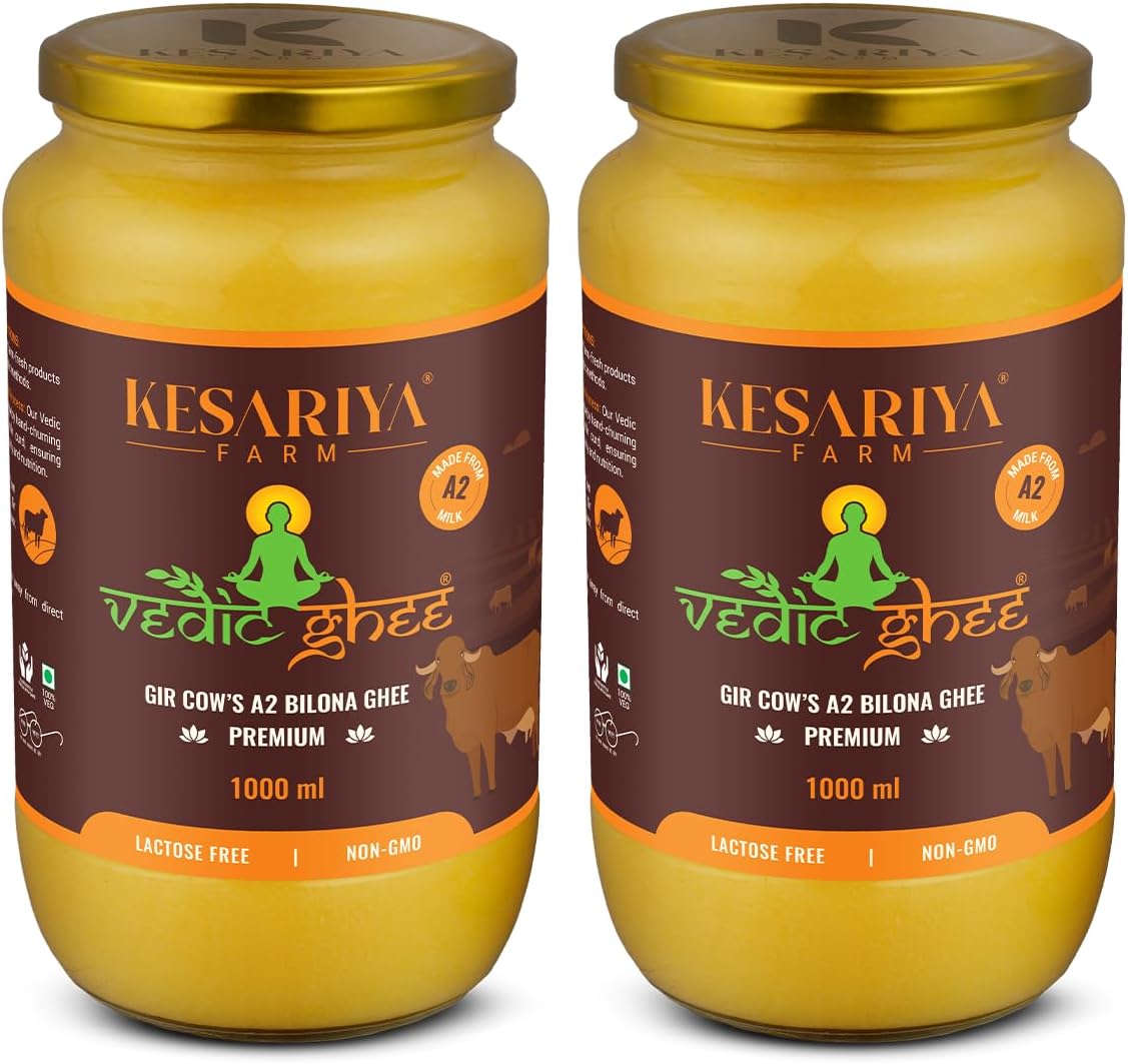 Vedic Ghee Premium A2 Gir Cow Cultured Desi Ghee from Kesariya Farm | Vedic Bilona Two Way Churned | Indian Gir Cow Ghee, Pure A2 Ghee, Natural & Healthy, Non-GMO | Lab Certified (2 Liters)