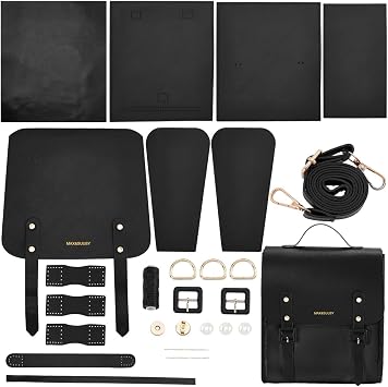 WADORN DIY Leather Backpack Satchel Making Kit, PU Leather College School Bookbag Craft Sewing Kit Women Vintage Handmade Messenger Bag Material Craft Tool Set Personalized Gift, 10.6x12.2 Inch, Black