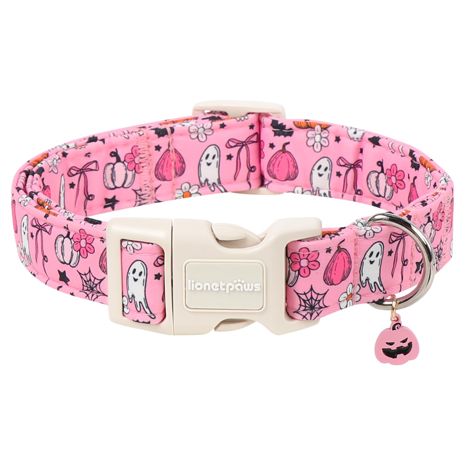 Lionet Paws Fall Dog Collar Halloween Ghost Bow Dogs Collars with Pink Pumpkin Pendant - Female Flower Dog Collar for Small Medium Large Dogs S