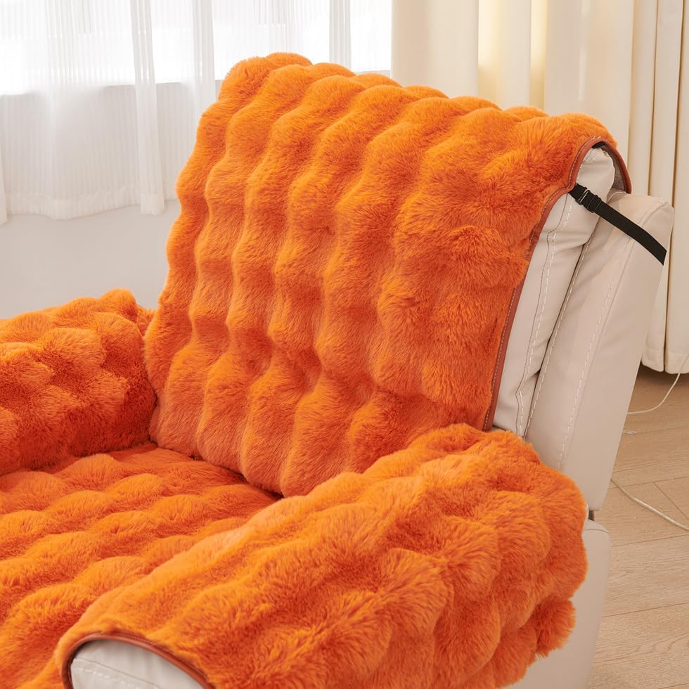 ROOMLIFE Faux Fur Fluffy Recliner Chair Slipcover Faux Rabbit Fur Sofa Cover, Soft Non-Slip Dog Chair Cover Furniture Protector Washable with Pocket, Elastic Straps for Pet,Kids (Orange 23.6"X 91")
