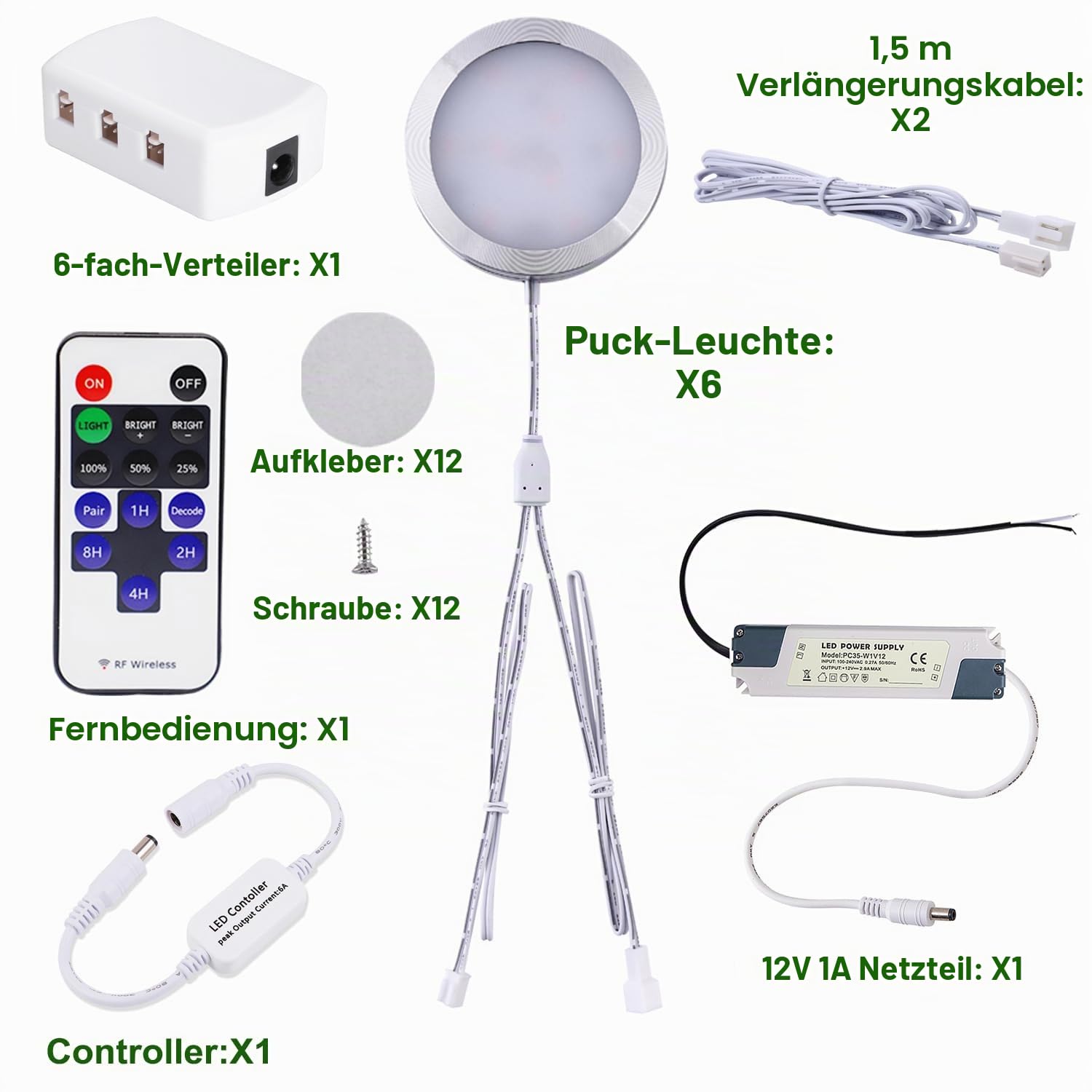 AIBOO Dimmbare LED Beleuchtung 12V mit RF Wireless Fernbedienung für Küche Ambientebeleuchtung (6 Leuchten, Warmweiß)
