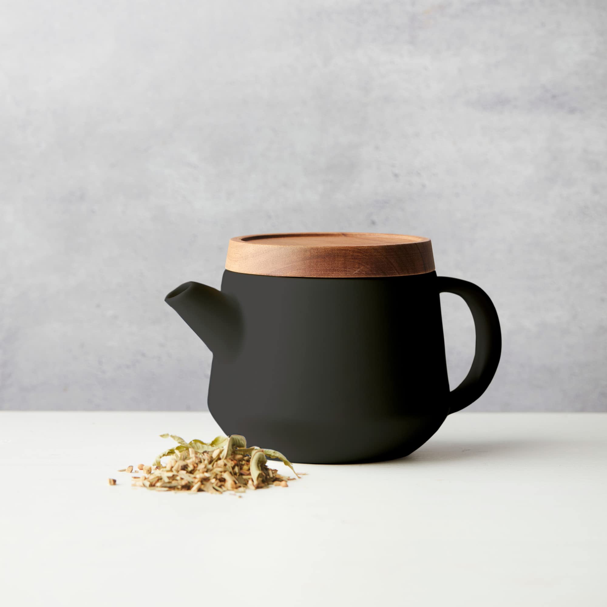 Point-Virgule Théière avec infuseur à thé en INOX, Service a The avec Couvercle, sous-Verre en Acacia, Noir, 600ml