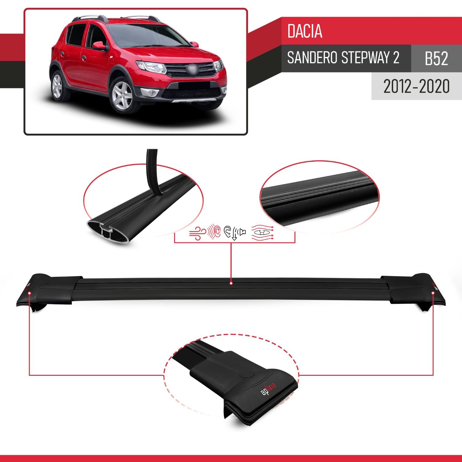 Compatibile con Dacia Sandero Stepway 2 (B52) 2012-2020 Modello FLY Barre Tetto Portapacchi Auto Barre Portatutto Nero Alluminio 2 Barre