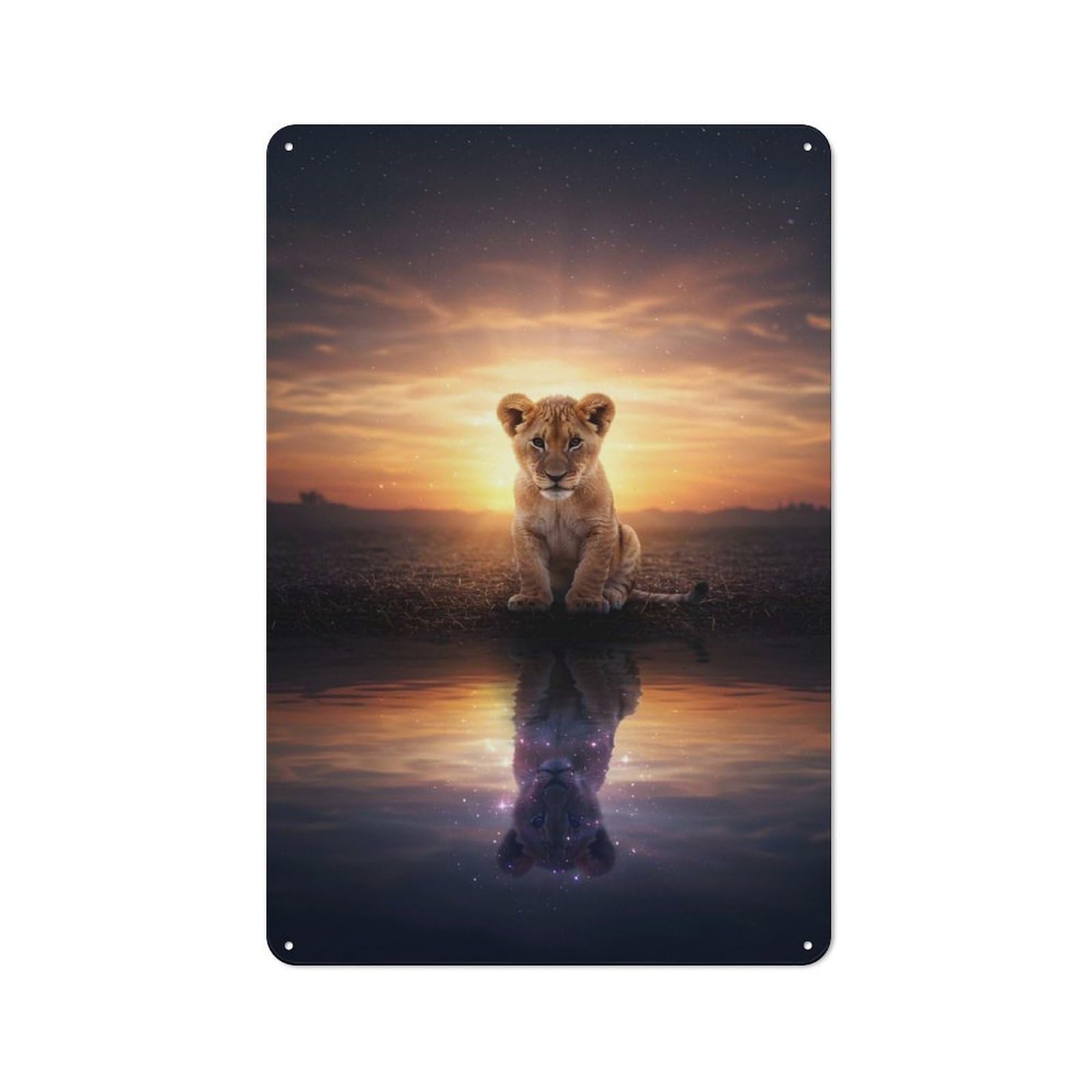 Junmoney Lion Cub Reflection At Sunset Metal Plaque 30X20cm With For Pub Or Café, Rustic Decor, For Pub Decor Enthusiasts