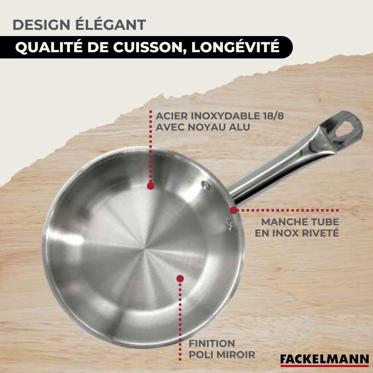 Fackelmann Set poêles inox 20 et 28 cm, couvercle et 6 ustensiles inox