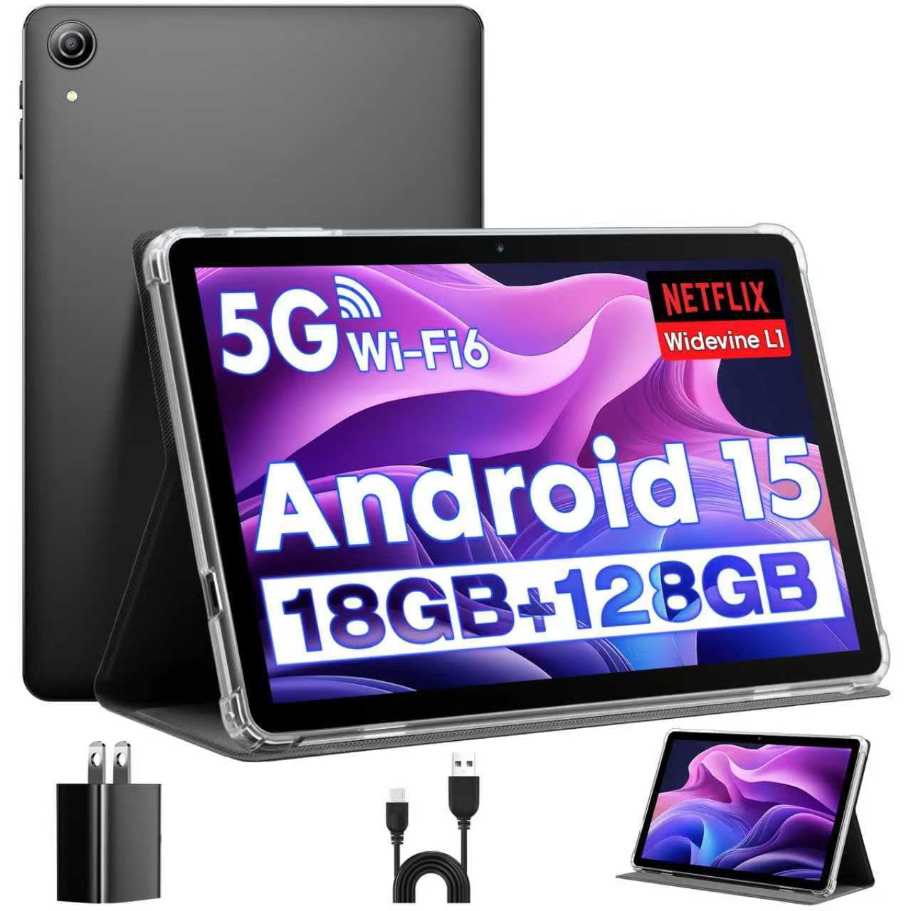 Android 15 Tablet, Tablette Android, Android Tablet 10 Inch, Octa-Core, 18GB RAM+128GB ROM+1TB Expand, 1280x800 IPS Display, GPS, 5G WiFi, Widevine L1, 5MP+8MP Camera, 6000mAh, BT5.4, Black