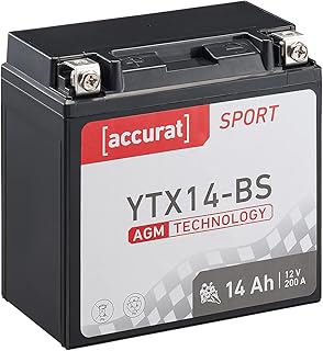 Accurat Motorradbatterie YTX14-BS 14Ah 200A 12V AGM Starterbatterie in Erstausrüsterqualität leistungsstark rüttelfest ABS...