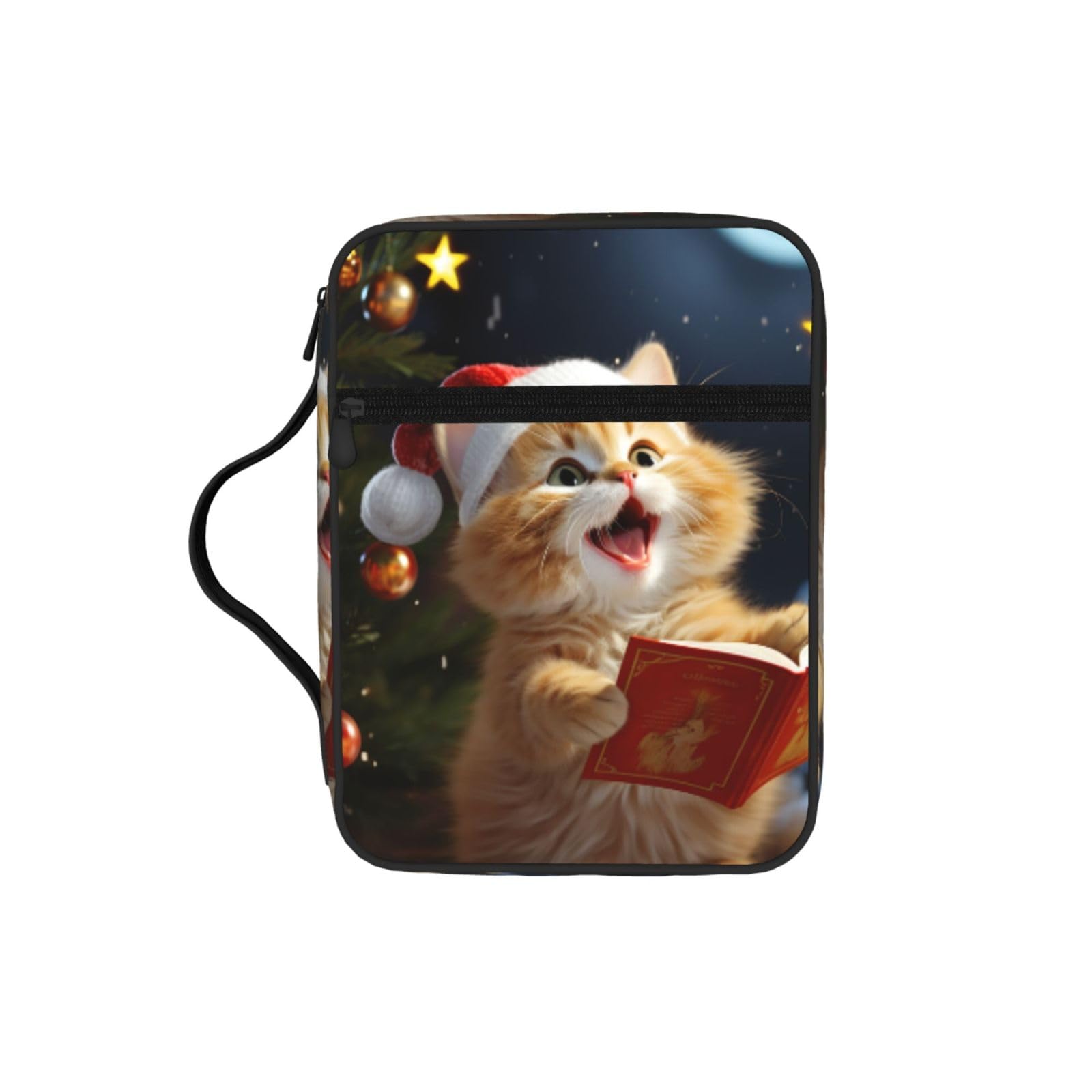 Cute Cat Sing Christmas Carols Bible Cover Case Waterproof Bible Bag With Handle Organizer Storage Book Cover For Bible Study