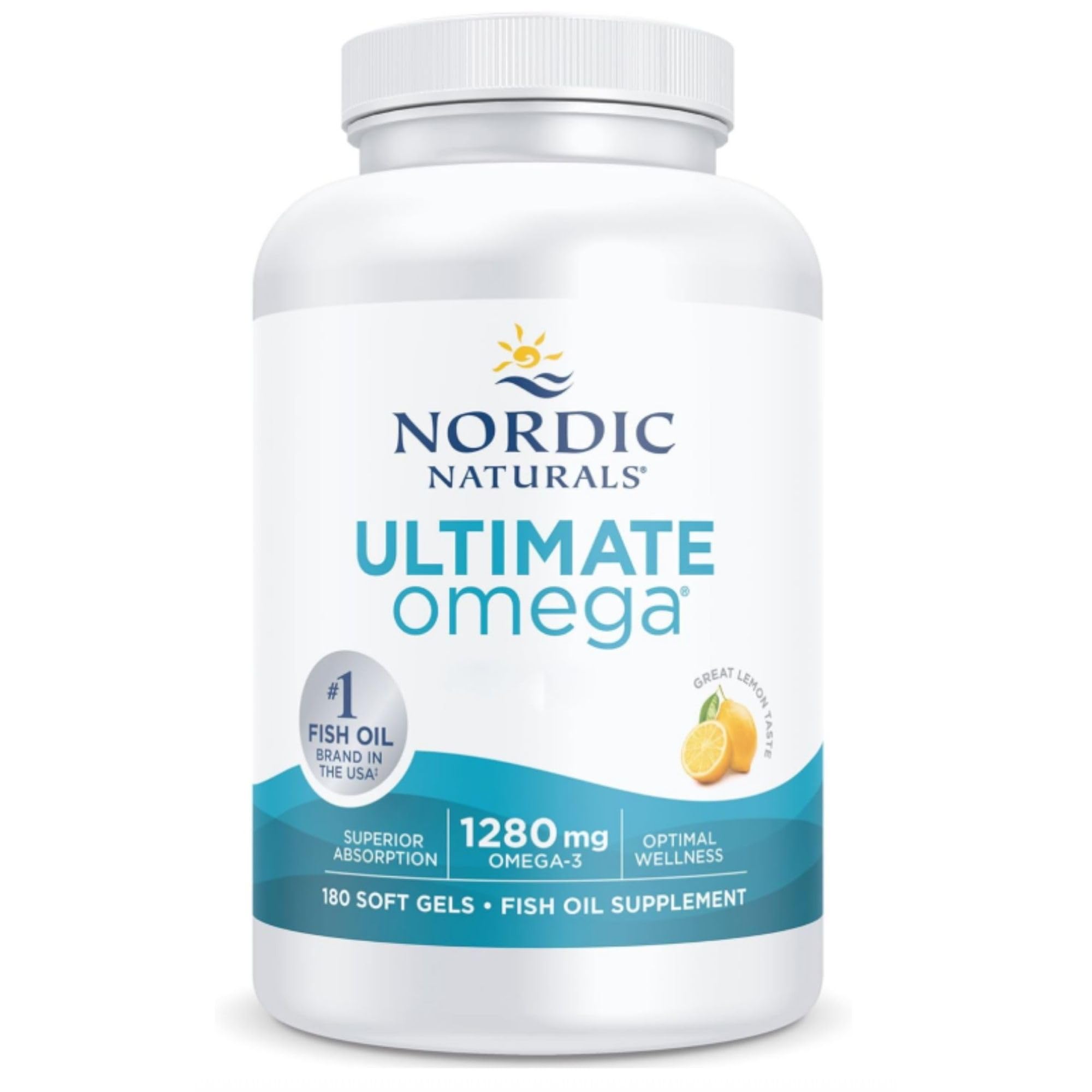 Nordic Naturals Ultimate Omega Cápsulas de Omega 3 de Alta Potencia 1280 mg, con EPA y DHA, alta dosis, sabor limón, 180 cápsulas blandas, sin soja, sin gluten