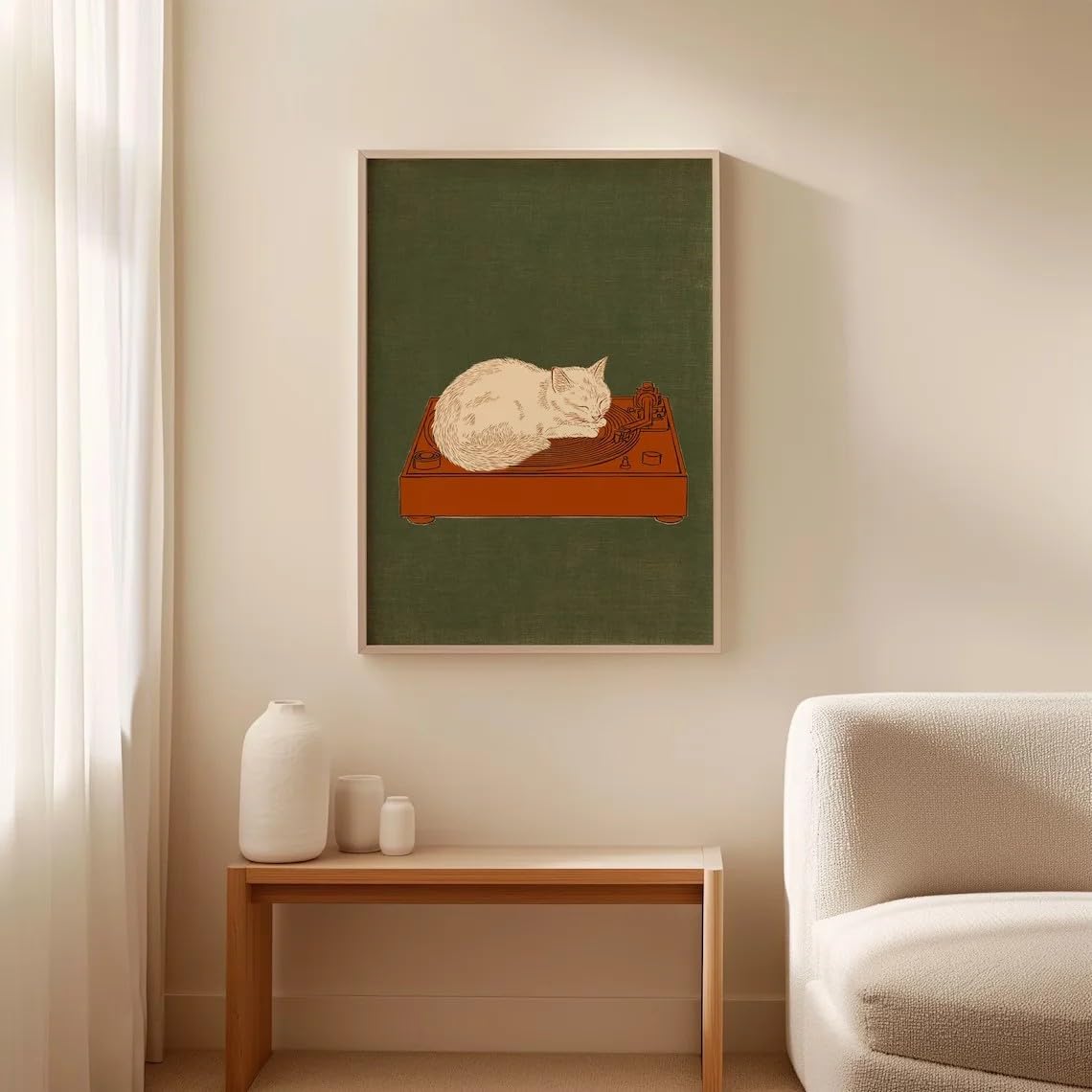DAMAIART Décoration murale avec platine vinyle et chat - Toile murale pour les collectionneurs de vinyles, les propriétaires de chats et pour créer un coin musique neutre (80 x 120 cm/sans cadre)