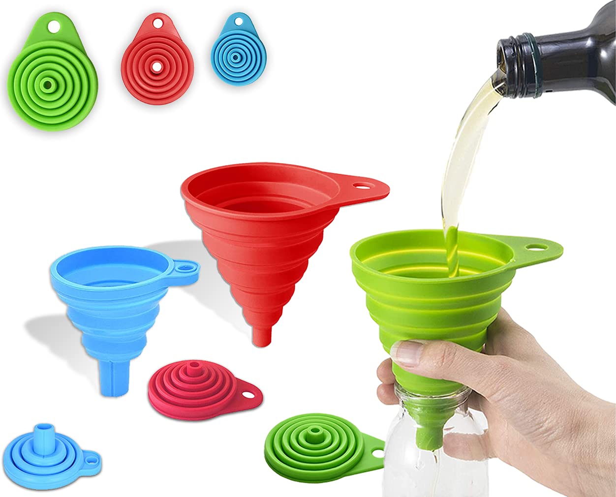 KishMeSilicone Collapsible Funnel Set – Green, Red, Blue, 3 Sizes | Large, Medium and Small