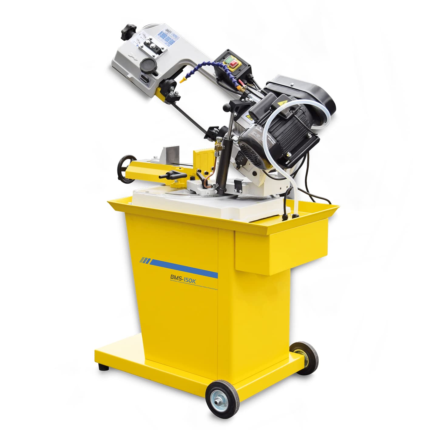 BAMATO Metallbandsäge BMS-150K | 400V Kraftstrom | Inkl. Kühlmitteleinrichtung & Untergestell | Präzisions-Bandsäge für Metallbearbeitung | Gehrung bis 60° | Stationär