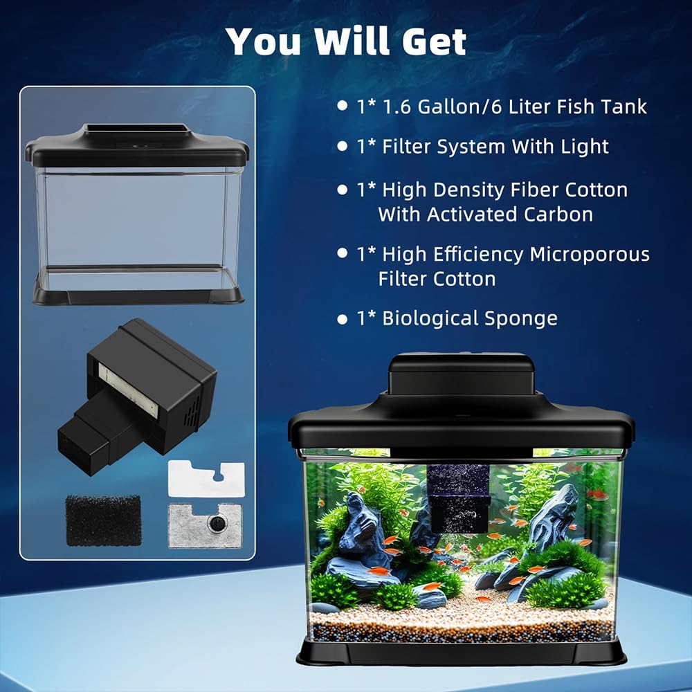 Small Fish Tank Ultra-Clear 1.6 Gallon Aquarium Starter Kits with LED Lighting and Filter System Beginner-Friendly Mini Betta Aquarium for Small Fish Shrimp Desktop Room Decoration